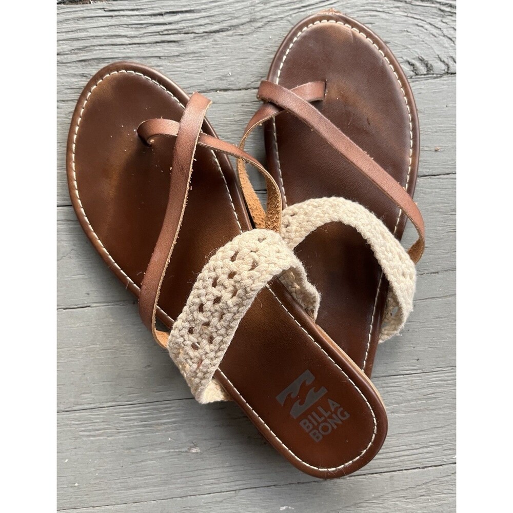 Billabong Leather Crochet Thong Sandals Women’s 9 or 10 Brown Boho Beach